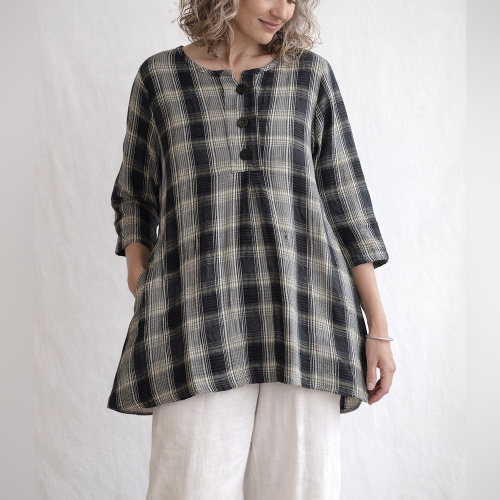 FLAX Linen Plaid Tunic Gray Cream Size S Lagenlook Boho Artsy Top Relaxed Fit